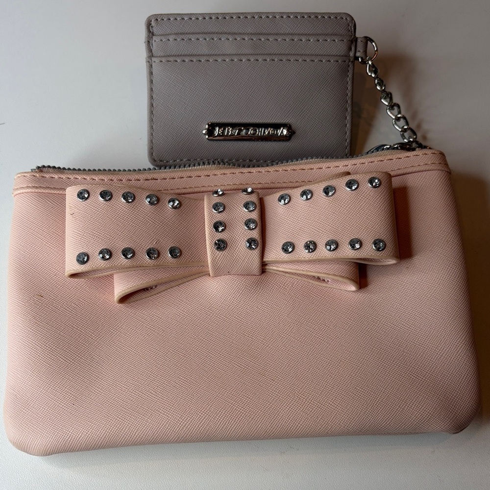 Betsey Johnson Faux Leather Pink Sparkle Bow Clutch and Cardholder Set - Picture 2 of 9